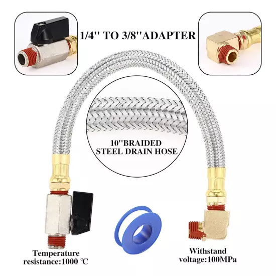 10Inch Tube Air Compressor Extended Tank Drain Hose 1/4'' NPT 90 Degree Shutoff