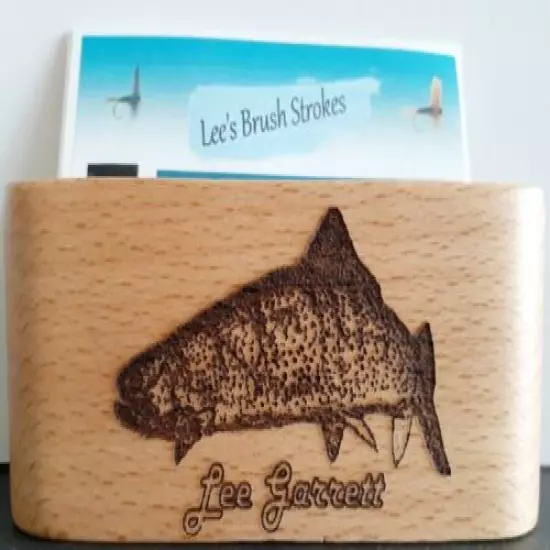 Personalized Beech Wood Business Card Holder Laser Engraved w/ Rainbow Trout 