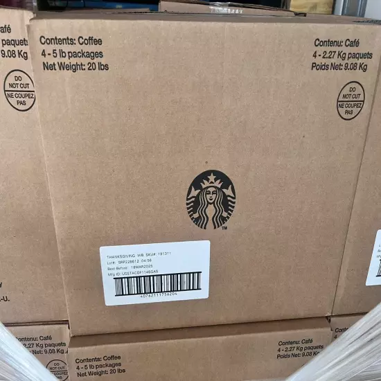 Starbucks 20lb Thanksgiving Fall Holiday Blend Dark Roast 4x5lbs bags-Whole Bean