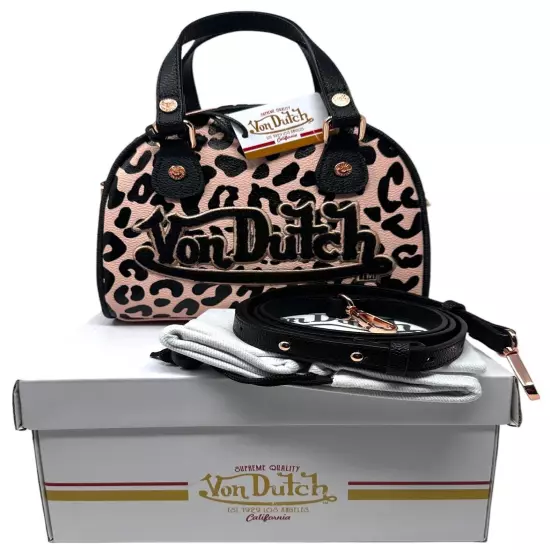 Von Dutch Women's Pink Black Cheetah Small Bowling Crossbody Hand Bag