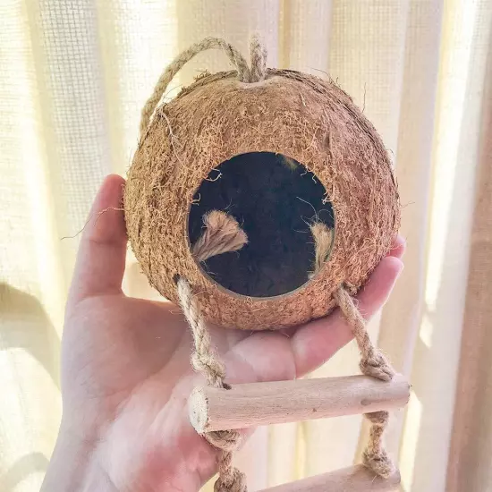 Bird Hides Coconut Nest with Wood Ladder,Syrian Hamster Cage Hanging Natural ...