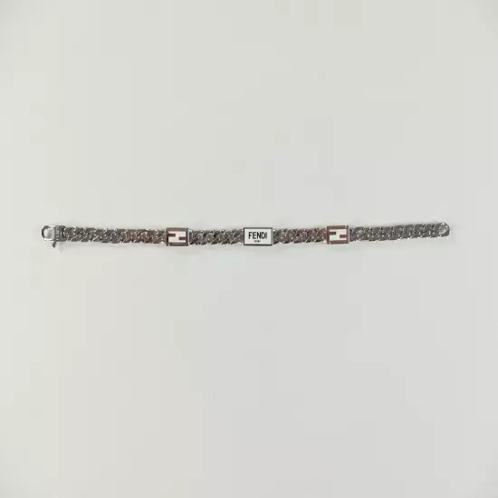 FENDI Roma Baguette white enameled logo silver tone metal bracelet Medium Italy