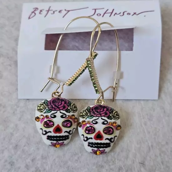 Betsey Johnson Stone Sugar Skull Dangle Earrings.