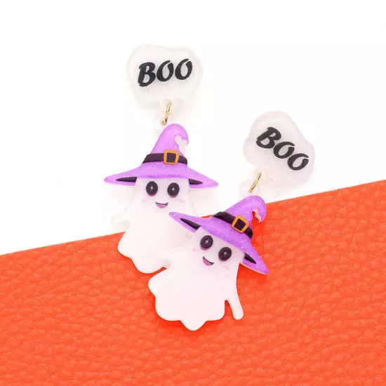 White Boo Message Glittered Witch Hat Ghost Link Dangle Earrings