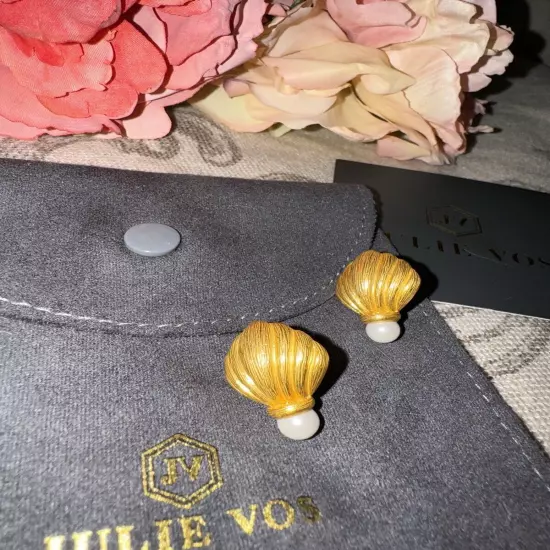 NEW Julie Vos Pearl & 24k Gold Plated Shell Crest Stud Earrings RETIRED NWOT