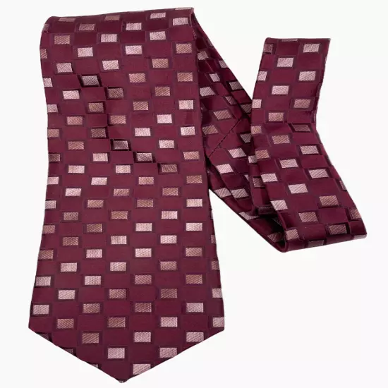 Kenneth Cole Reaction Burgundy Red Cube Checker Geometric Silk Tie 3.5" x 58"