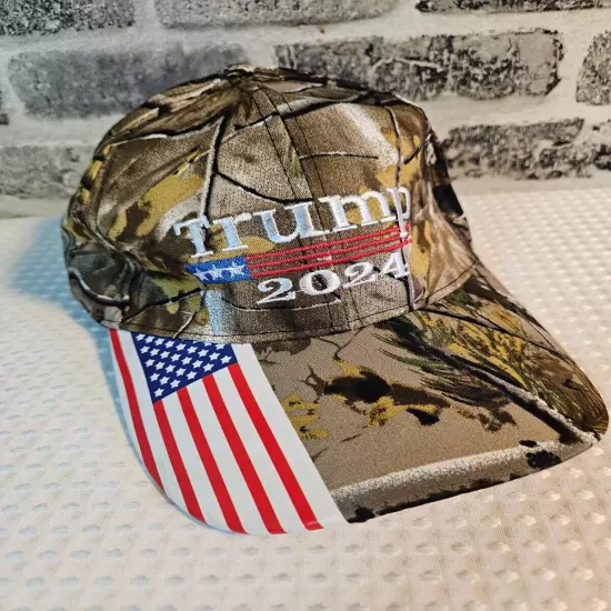 Trump 2024 Camo Ball Cap (Embroidered) Hook and Loop Adjustment American Flag