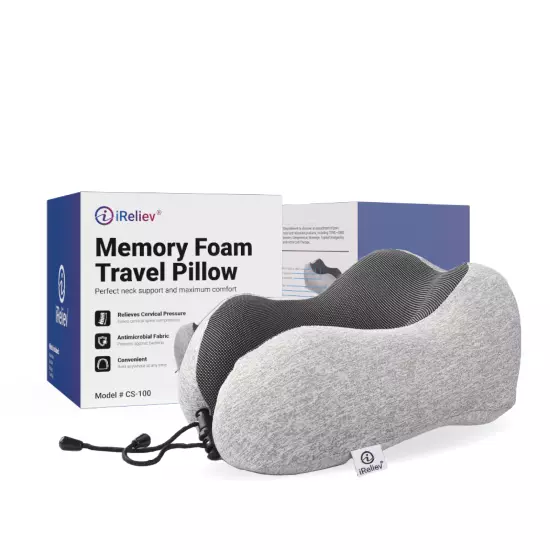 iReliev Memory Foam Travel Pillow Set with Tote bag, Eye mask and Ear plugs