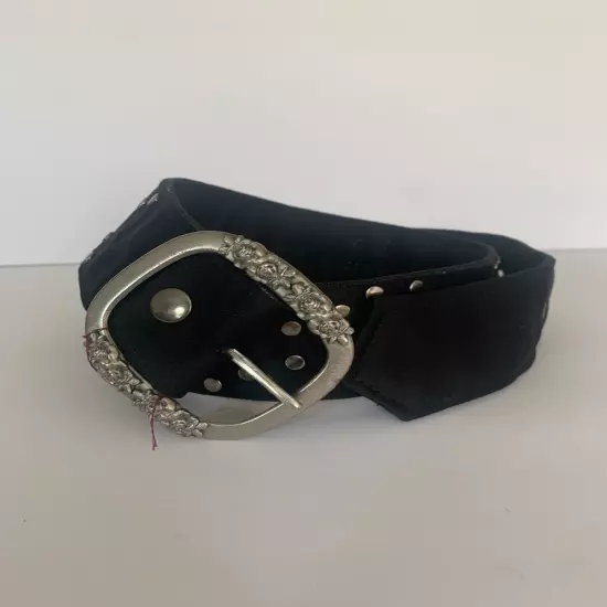 Studded Canvas Women’s Belt Silver Floral Buckle Black Size 32