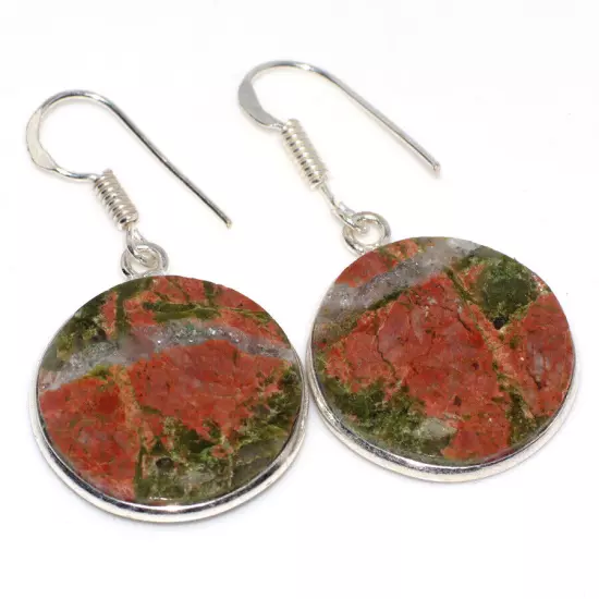 925 Silver Plated Unakite Ethnic Round Earrings Handmade Jewelry Size 1.6" JW