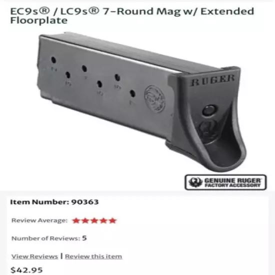 OEM RUGER 7 Round LC9 LC9s EC9s 9mm Extended Floorplate Magazine Mag USA MSP $43