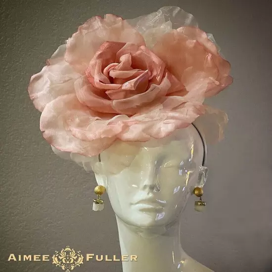 Kentucky Derby Fascinator Pink Satin Ivory White Rose Hat Royal Ascot Bridal Hat