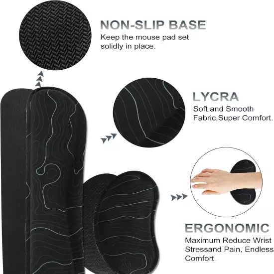 Black Topographic Mouse Pad with Wrist Rest, Keyboard Wrist Rest, Extended Gamin