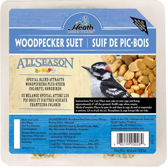 Heath Woodpecker Suet Cake, 5.2In, 10Oz, 12 Pack - Blend Attracts Woodpeckers & 