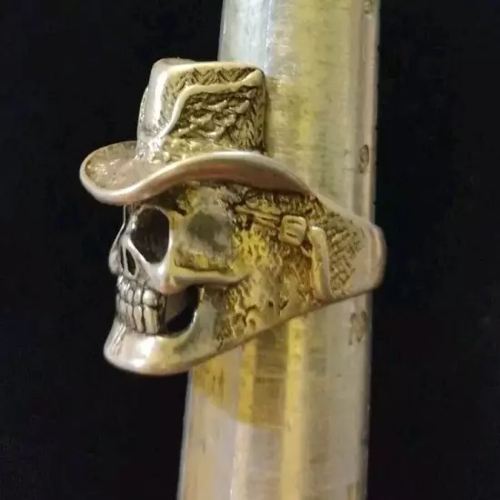 Vintage 80’s G&S Skull w/ Hat Winged Ring Biker Heavy Metal Silver Tone Size 10