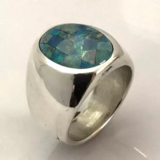 MJG STERLING SILVER MEN'S RING. 18 x 13mm MOZAIC OPAL TRIPLET CAB. SZ 10 1/2