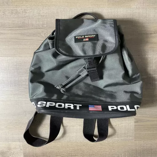 VTG 90's Polo Sport Ralph Lauren Spell Out Backpack Bucket Bag Gray Flag Logo