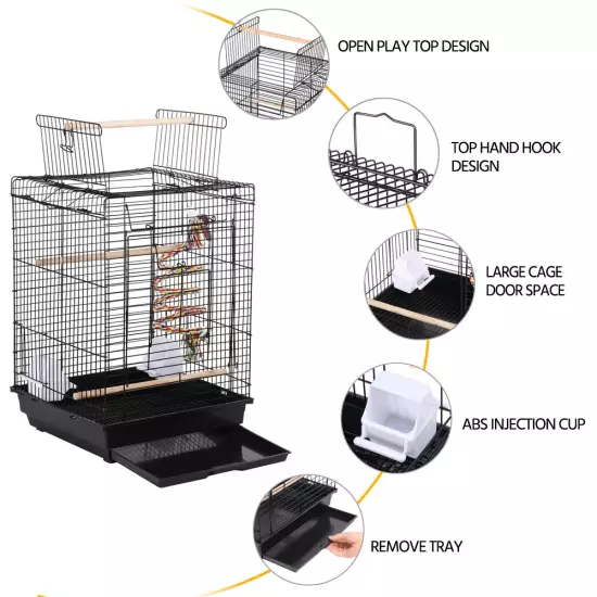 Alden Design 22.8"H Metal Open Top Cage Bird Cage with Play Top Stand, Black