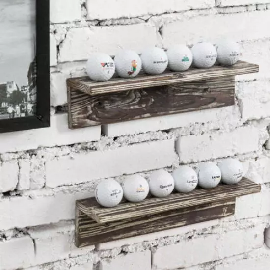 Torched Wood Golf Ball Holder, 12-Inch Display Floating Shelf, Set of 2