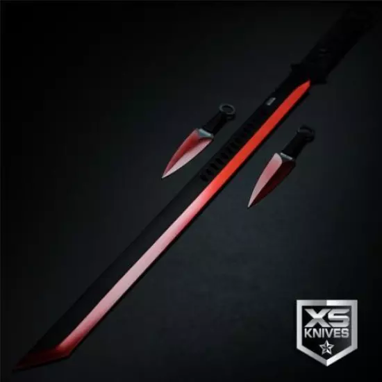 27" Red LASER TANTO Sword Machete + 5.5" Throwing Knives Kunai Ninja + SHEATH