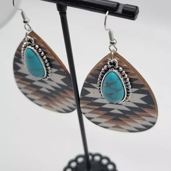 Silver Plated Dangle Drop Earrings Western Boho Hook Simulated Turquoise Jewelry