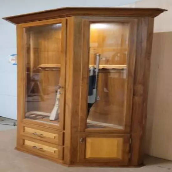 Walnut Gun Cabinet, 7' tall, 4' wide, 16" deep with fabric lined drawers.