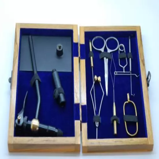 Fly Tying Kit with Tools in a Wooden Box, Materials in a Bag, Vise, Thread