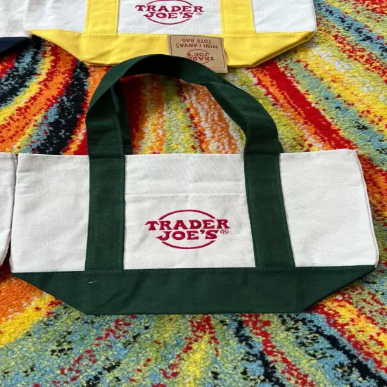 TRADER JOE'S CANVAS MINI Reusable tote bag NWT Set of 4 - Red+Blue+Green+Yellow