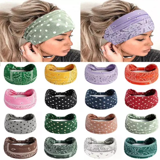 Women Boho Flower Print Wide Headband Vintage Knot Elastic Turban Headwrap *