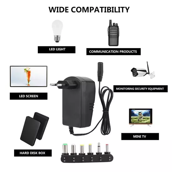 Universal 30W 3V-12V Adjustable Voltage Power Adapter With 6 Connectors