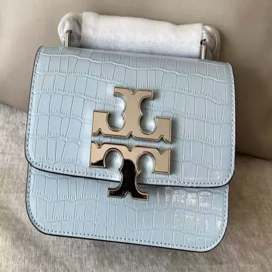 NEW TORY BURCH ELEANOR SMALL Convertible Bag croc-embossed Blue Mist Leather