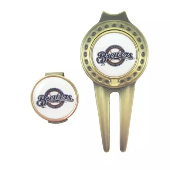 Milwaukee Brewers Golfers Hat Clip & Divot Tool Combo with Golf Ball Markers