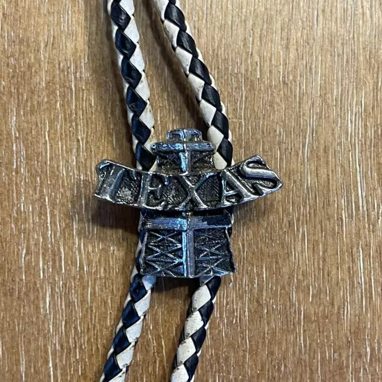 Vintage Texas Oil Rig Western Bolo Tie w/ Brown White Braided Leather