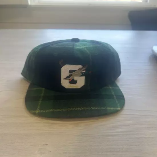 Green Plaid SnapBack Cap With Embroiderd G & Flying Duck, Unique Adjustable Hat