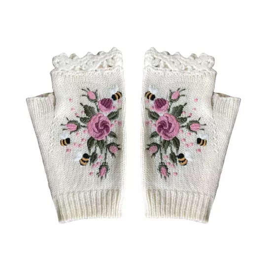 Women Handmade Embroidery Gloves Knit Gloves Flower Gloves Hand Knit Fingerless