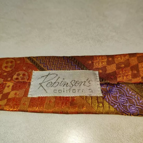 Vtg BJE Ernst Tie Orange Gold Brown Stripes Paisley Robinsons Union Made 54"