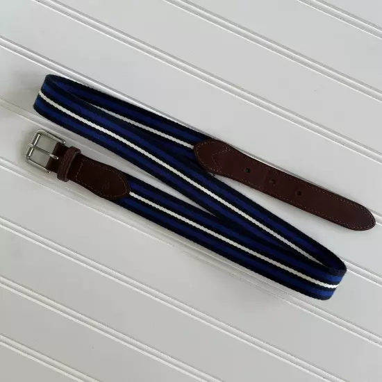 Ralph Lauren Polo Belt Blue Striped Cotton Canvas Leather Trim Buckle Size 34 35