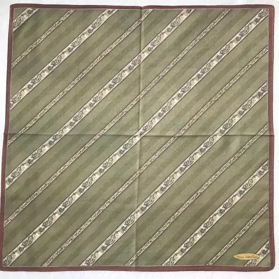 Vintage Handkerchief Green Cotton Diagonal Striped Paisley Pattern Pocket Square