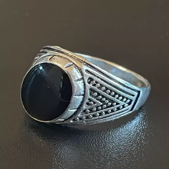 Natural Oval Black Obsidian Stone S925 Silver Plated Men Statement Ring 