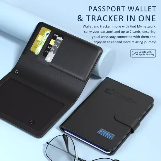 Coredy Passport Holder with Bluetooth Tracker, Works w. Apple Find My (iOS Only)