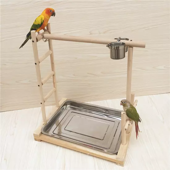 49*37*59cm Wood Bird Tree Stand Large Parrot Perch Playstand w/Steel Tray 2*Bowl