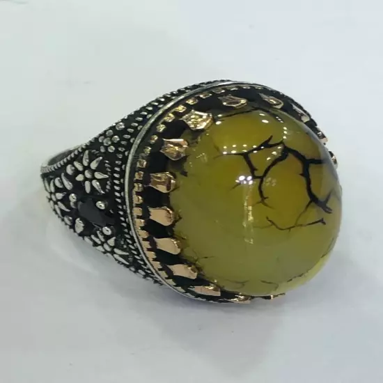 Men Silver Ring 925 Sterling Yemen Aqeeq Agate خاتم عقيق يمني شجري مصور حبة فحل