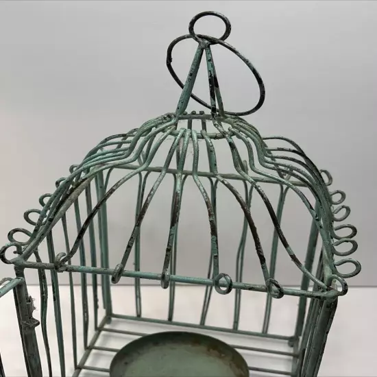 Vintage Metal Birdcage Candleholder Rustic Green Farmhouse 6”W X 12”T