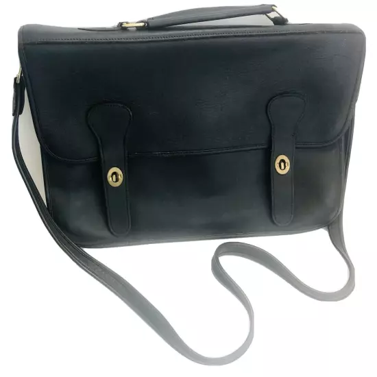 Leather Satchel Briefcase Black Messenger Shoulder Strap/Handle Brass Heavyduty