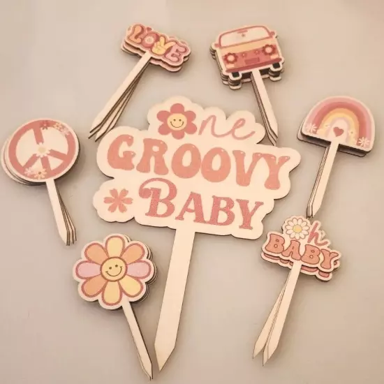 One GROOVY BABY Cake Cupcake Topper Baby Shower Birthday 25 Pc. Boho Hippie