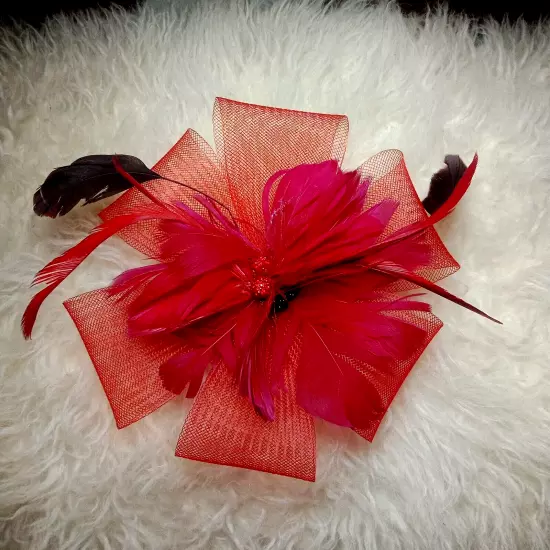 Red Fascinator Headpiece Mesh & Feathers Melbourne Cup / Red Hat Society 20x20cm