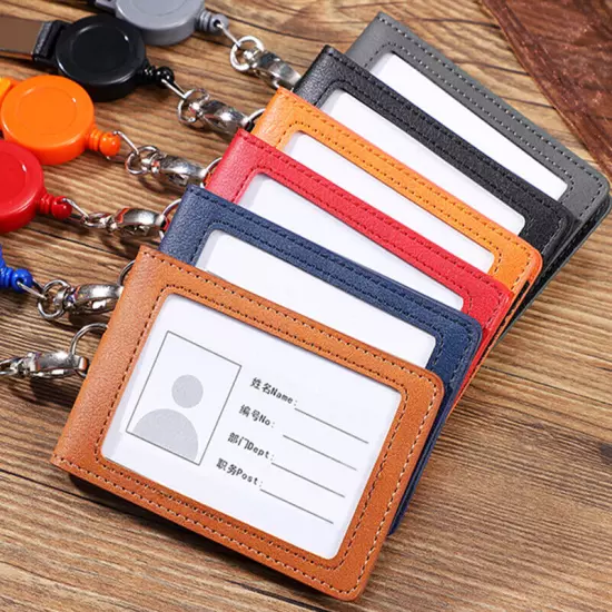 Leather ID Holders Case PU Business Badge Card Holder with Neck Strap Lanyard Ⓗ