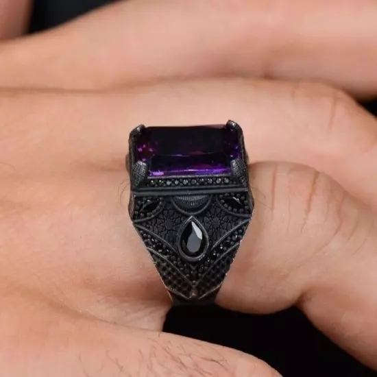 Handmade Genuine Natural Ametist Amethyst Vintage 925 Sterling Silver Men Ring