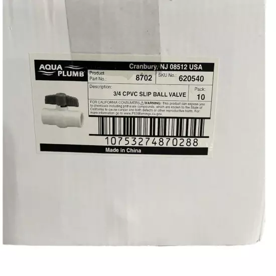 Aqua Plumb 3/4" CPVC Slip Ball Valve . Part # 8702 (10Pack)