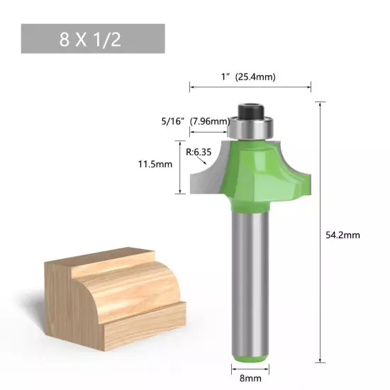 8mm Shank Round Over Edge Profile Router Bit, 2.25-12.7mm Radius 1PC/10PCS GREEN